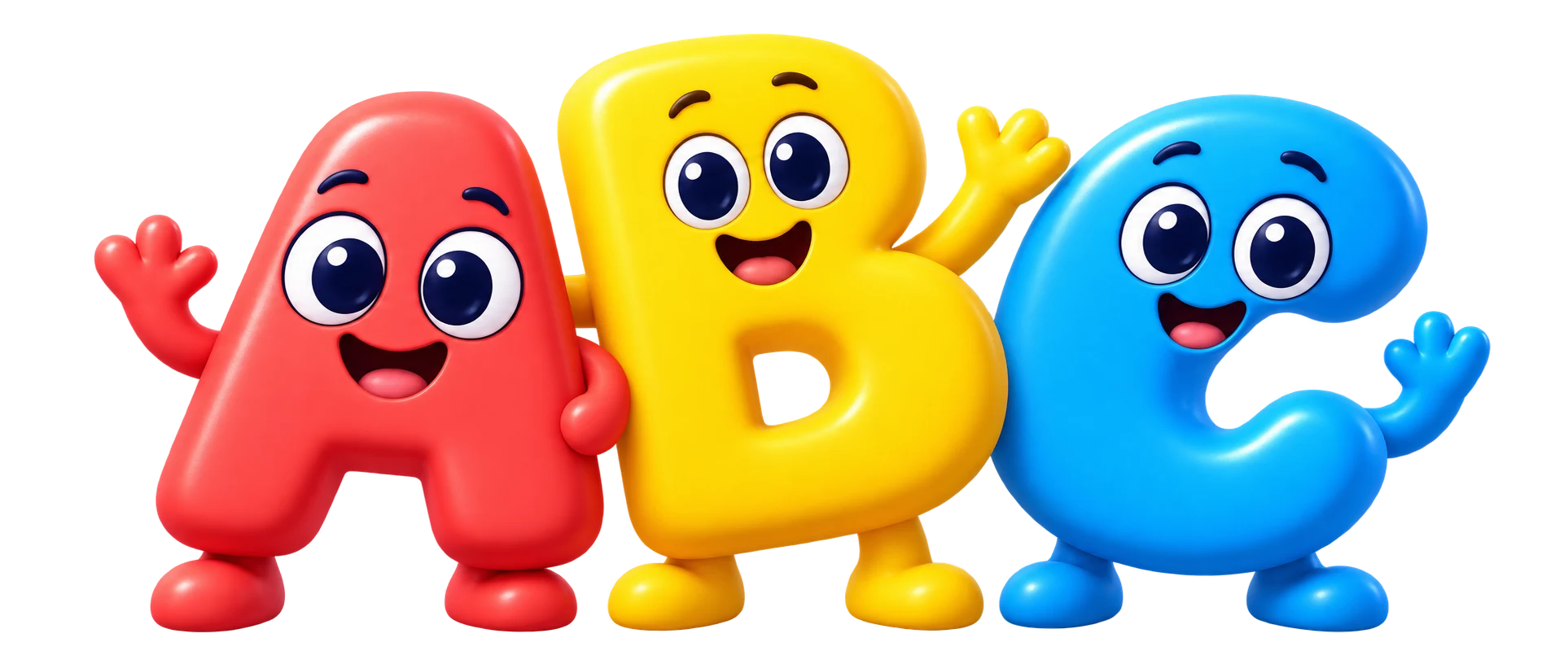 Friendly red A, yellow B, and blue C letter characters