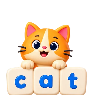 Cat and three spelling tiles